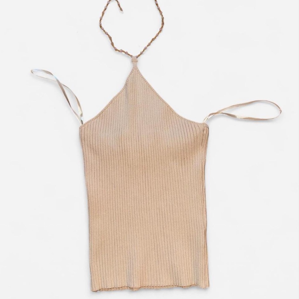 Versona Beige Ribbed Knit Beaded Halter Top